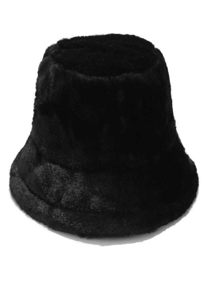 Umeepar Winter Faux Fur Fuzzy Bucket Hat Fluffy Warm Hat for Women Men (Plain Black) - Image 1